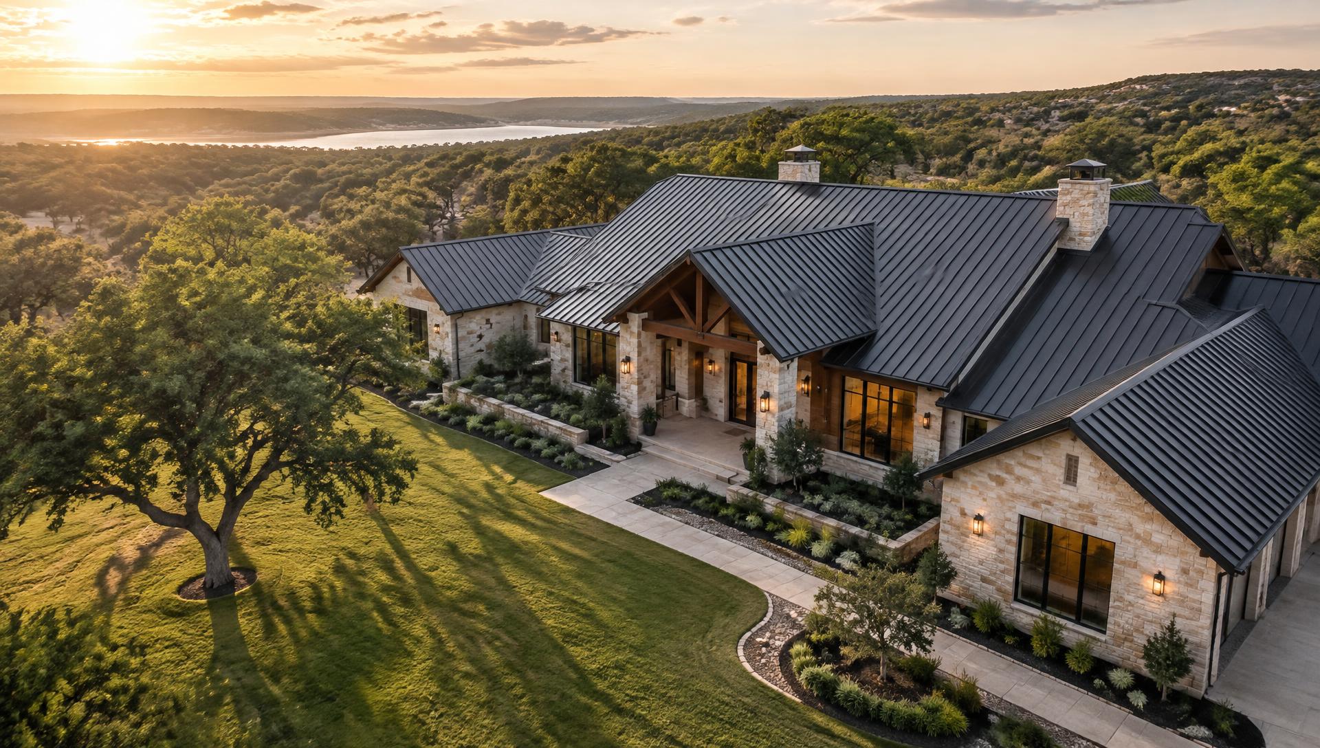 Illustrative Texas home with a standing seam metal roof